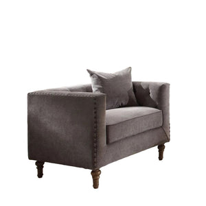 41" Gray and Antiqued Brass Velvet Tufted Arm Chair And Toss Pillow