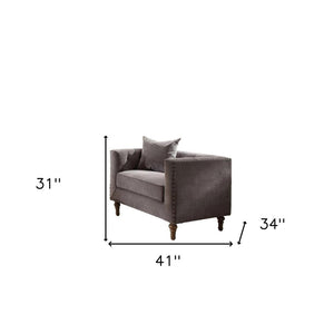 41" Gray and Antiqued Brass Velvet Tufted Arm Chair And Toss Pillow
