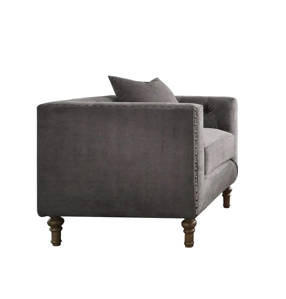41" Gray and Antiqued Brass Velvet Tufted Arm Chair And Toss Pillow