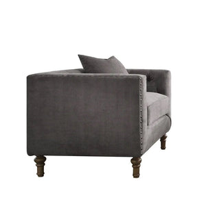 41" Gray and Antiqued Brass Velvet Tufted Arm Chair And Toss Pillow