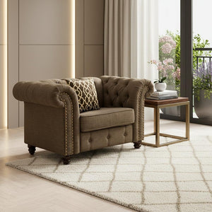 45" Brown and Black Linen Tufted Chesterfield Chair And Toss Pillow