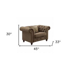 45" Brown and Black Linen Tufted Chesterfield Chair And Toss Pillow