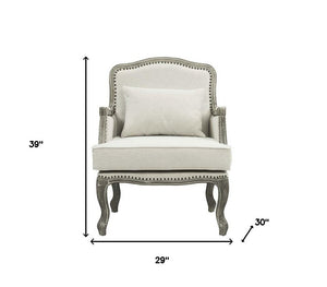 29" Cream and Brown Linen Arm Chair And Toss Pillow