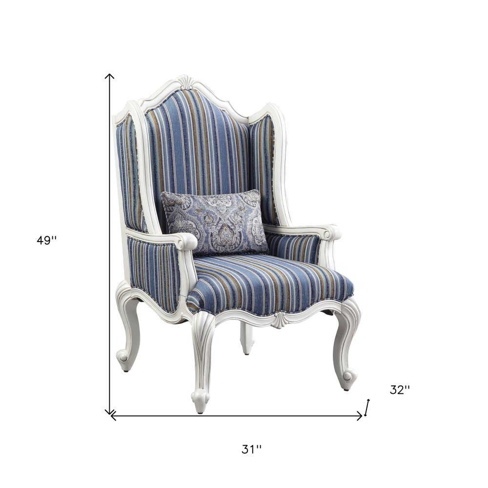 31" Blue and White Fabric Striped Wingback Chair And Toss Pillow