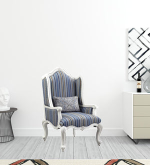 31" Blue and White Fabric Striped Wingback Chair And Toss Pillow
