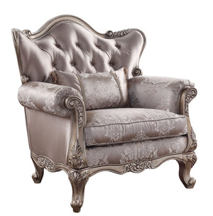 45" Champagne Fabric Floral Tufted Arm Chair And Toss Pillow