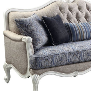 88" Cream Linen Damask Sofa And Toss Pillows With White Legs