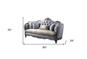 89" Platinum Imitation Silk Damask Sofa And Toss Pillows