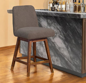 26" Taupe And Brown Fabric And Solid Wood Counter Height Swivel Bar Chair