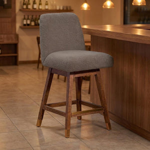 26" Taupe And Brown Fabric And Solid Wood Counter Height Swivel Bar Chair