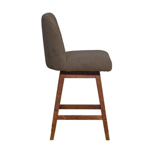 26" Taupe And Brown Fabric And Solid Wood Counter Height Swivel Bar Chair