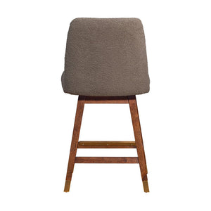 26" Taupe And Brown Fabric And Solid Wood Counter Height Swivel Bar Chair