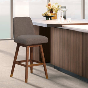 26" Taupe And Brown Fabric And Solid Wood Counter Height Swivel Bar Chair