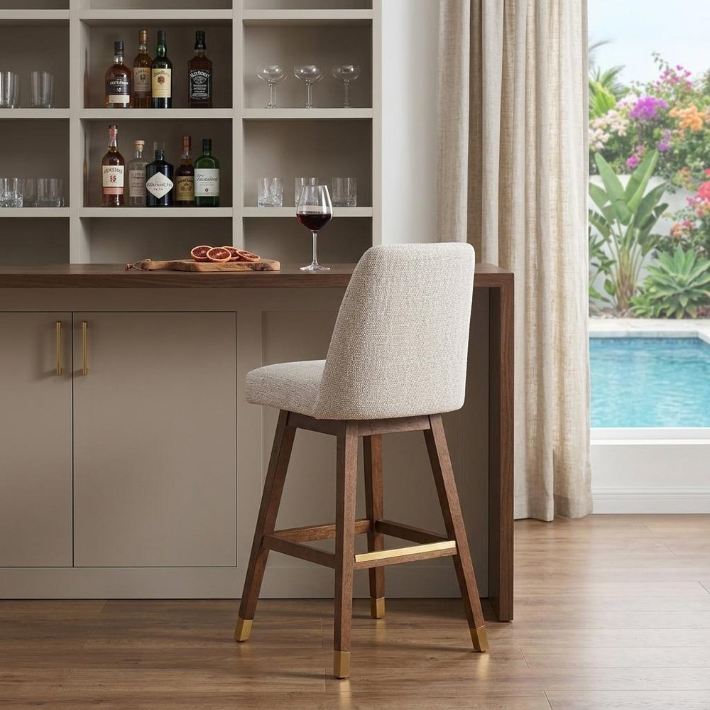 30" Beige And Brown Solid Wood Bar Height Swivel Bar Chair