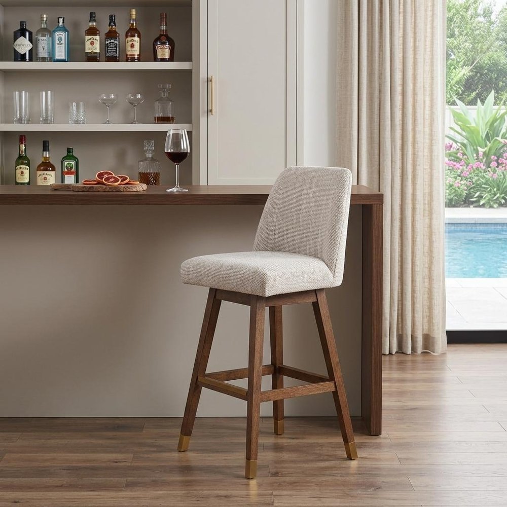 30" Beige And Brown Solid Wood Bar Height Swivel Bar Chair