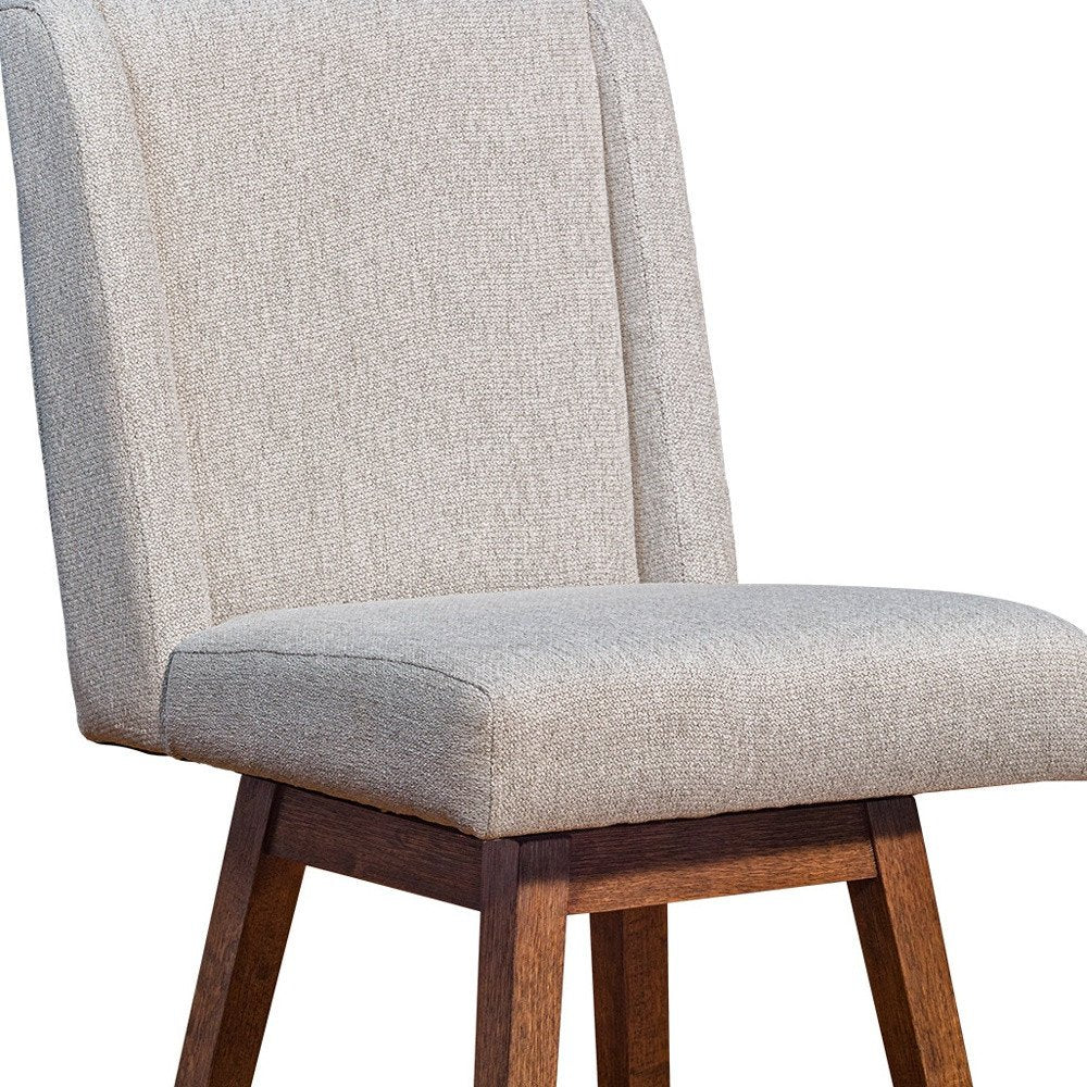 26" Taupe And Brown Fabric And Solid Wood Swivel Bar Chair