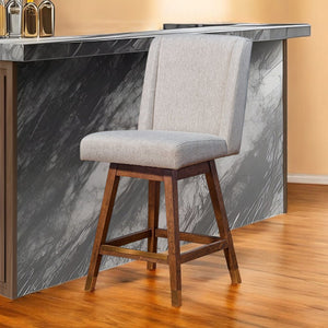 26" Taupe And Brown Fabric And Solid Wood Swivel Bar Chair