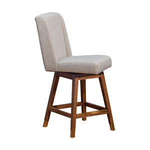 26" Taupe And Brown Fabric And Solid Wood Swivel Bar Chair
