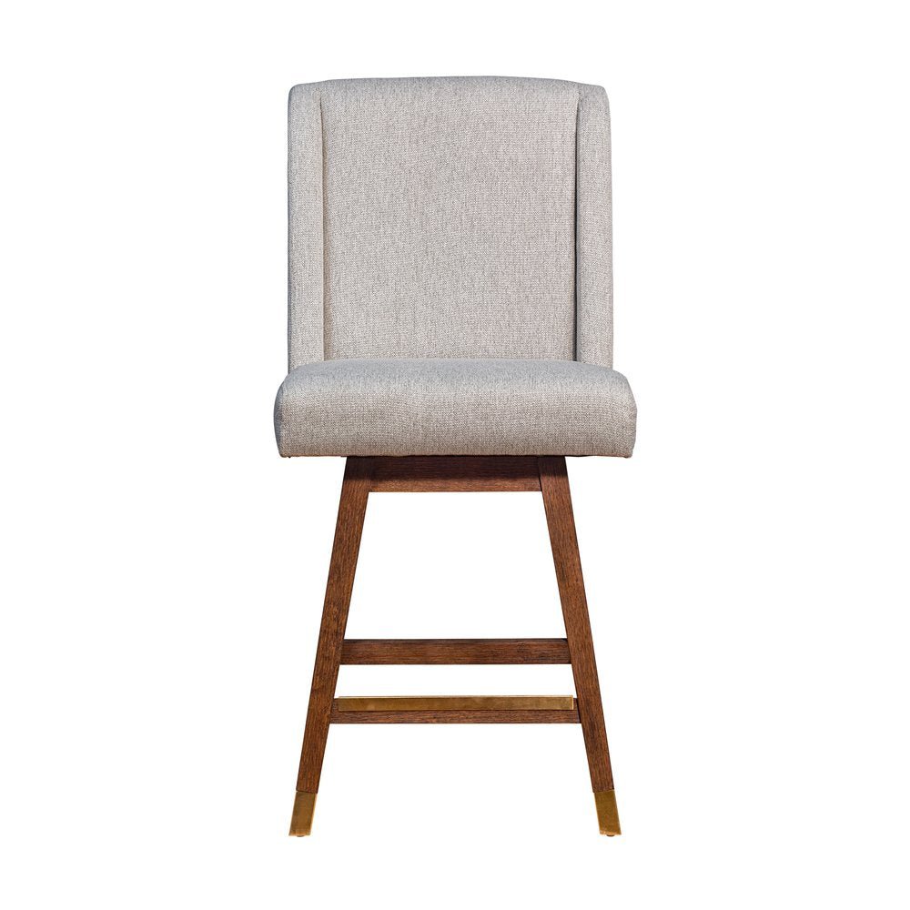 26" Taupe And Brown Fabric And Solid Wood Swivel Bar Chair