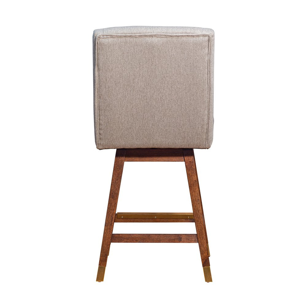 26" Taupe And Brown Fabric And Solid Wood Swivel Bar Chair