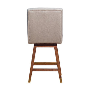 26" Taupe And Brown Fabric And Solid Wood Swivel Bar Chair