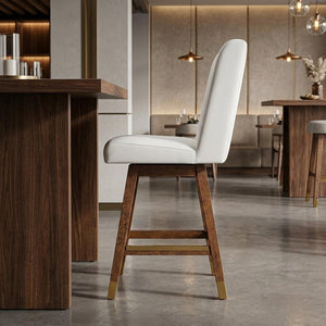 26" Beige And Brown Fabric And Solid Wood Counter Height Swivel Bar Chair