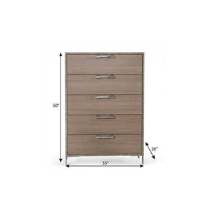 35" Brown Oak And Grey Solid And Manufactured Wood Five Drawer Chest