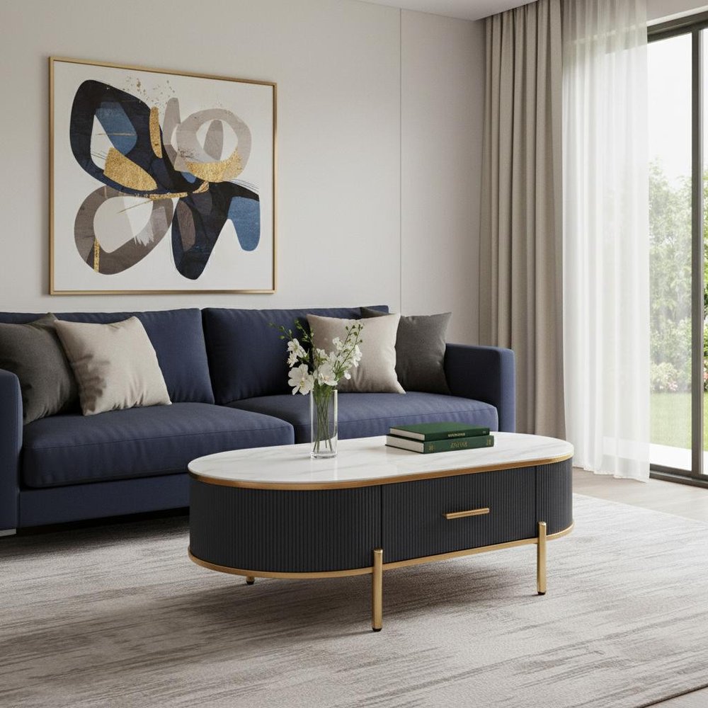 47" White And Gold Stone And Stainless Steel Oval Coffee Table With Drawer