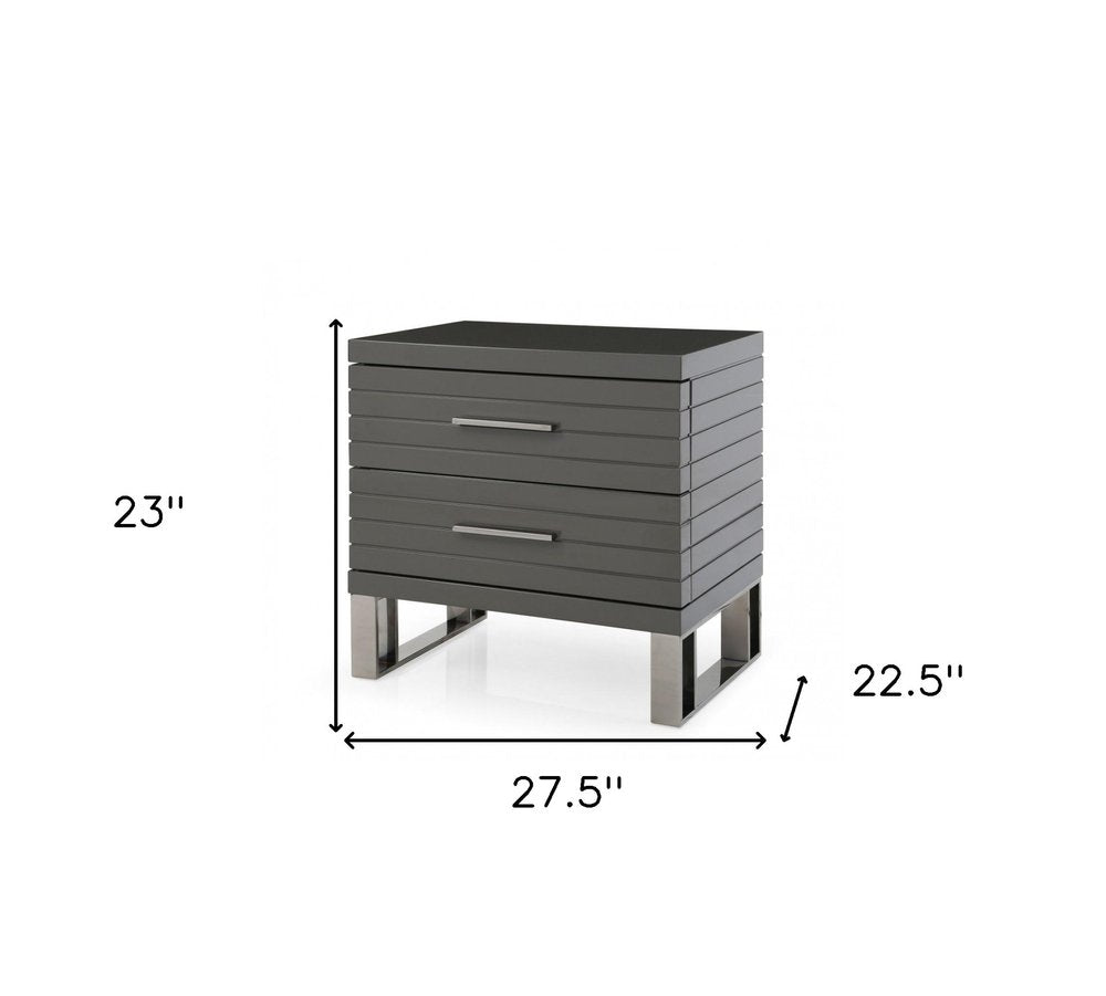23" Silver And Gray Stainless Steel Solid and Manufactured Wood Two Drawer Nightstand