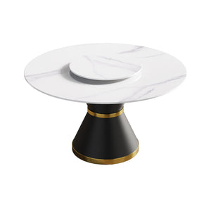 Couch.com 53" Modern Artificial Stone Round Carbon Steel Base Dining Table, Can Accommodate 6 People, Artificial Stone Turntable White / Black, Durable Design, Easy to Clean by Couch.com
