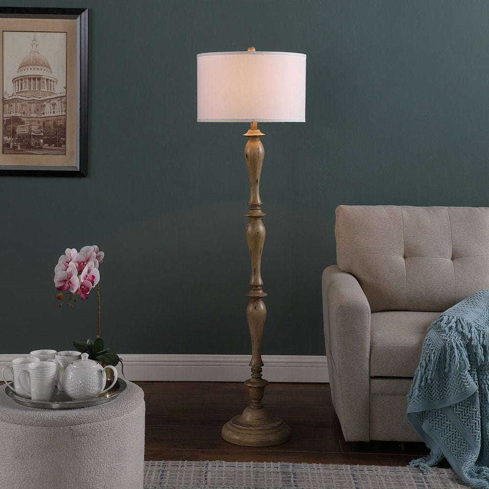 62" Brown And White Polyresin Floor Lamp With White Fabric Shade