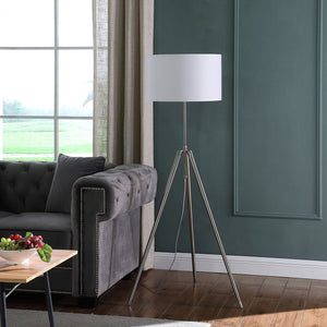 64" Silver Adjustable Tripod Floor Lamp With White Fabric Shade