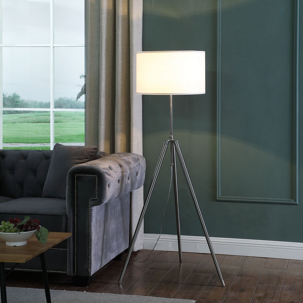 64" Silver Adjustable Tripod Floor Lamp With White Fabric Shade