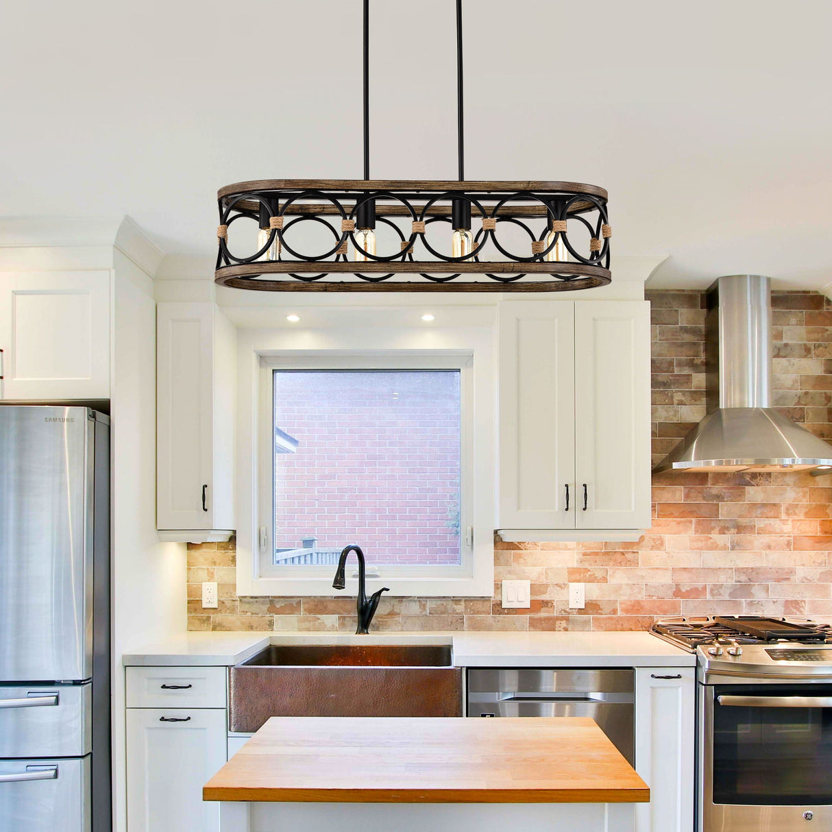 4 Light Rectangular Ellipse Pendant Lights Kitchen Island, Metal Farmhouse Kitchen Pendant Lights, Adjustable Height, Modern Industrial Chandelier For Living Room, Dining Room - Matte Black / Natural by Couch.com