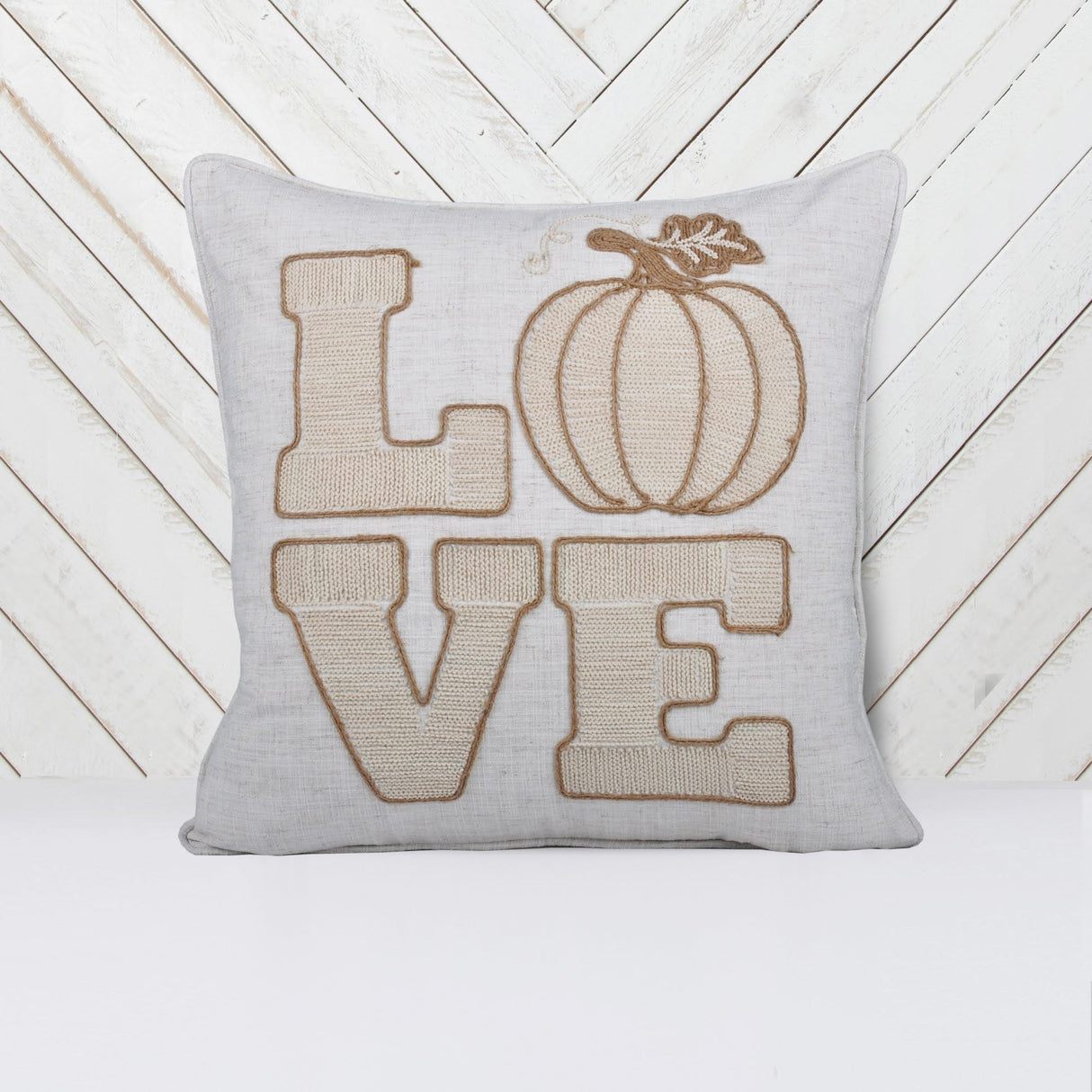 Embroidered Pumpkin “LOVE” Accent Pillow – Rustic Beige Fall Decor