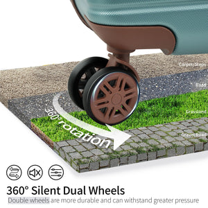 Close-up of the 360° silent dual wheels on the 4 Piece Luggage Suitcase Set. Shown on four surfaces: carpet/steps, road, grassland, gravel road. Text emphasizes the wheels' durability and pressure resistance.