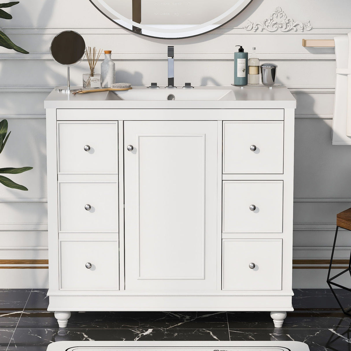 Contemporary Bathroom Vanity Cabinet, 4 Drawers & 1 Cabinet Door, Multipurpose Storage, Resin Integrated Sink, Adjustable Shelves, Solid Wood Frame With MDF by Couch.com