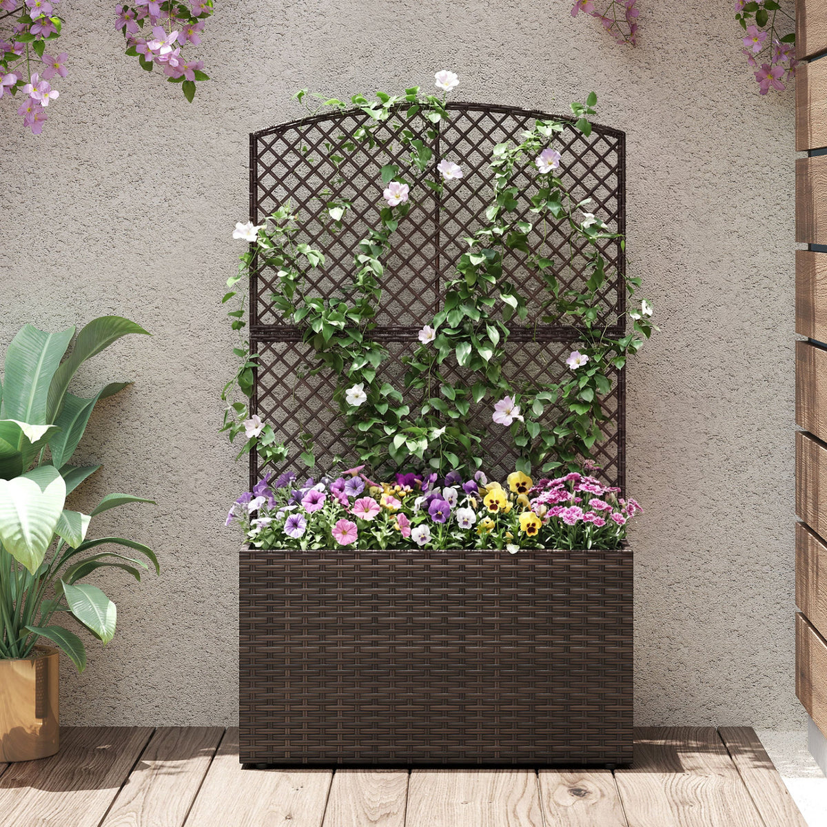 49 Inch Raised Garden Bed with Trellis and Wicker Planter Box-Brown