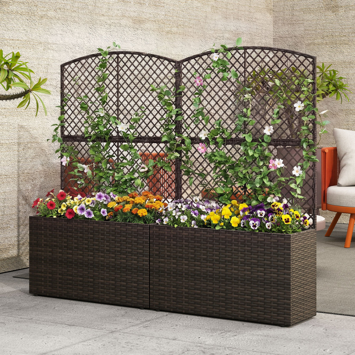 49 Inch Raised Garden Bed with Trellis and Wicker Planter Box-Brown