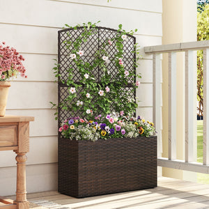 49 Inch Raised Garden Bed with Trellis and Wicker Planter Box-Brown