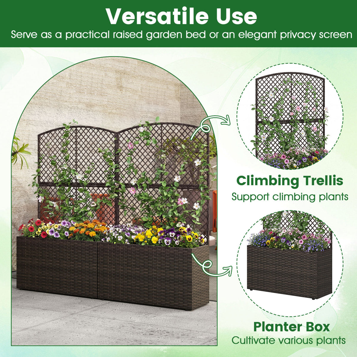 49 Inch Raised Garden Bed with Trellis and Wicker Planter Box-Brown