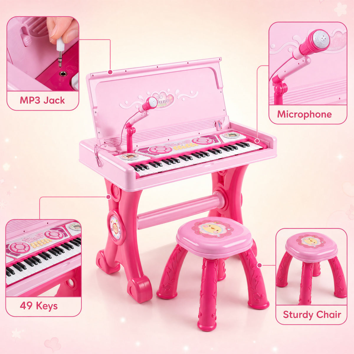 49 Keys Kids Electric Piano Keyboard Toy w/ Stool & Microphone Lights & Multiple Sounds-Pink