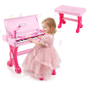49 Keys Kids Electric Piano Keyboard Toy w/ Stool & Microphone Lights & Multiple Sounds-Pink