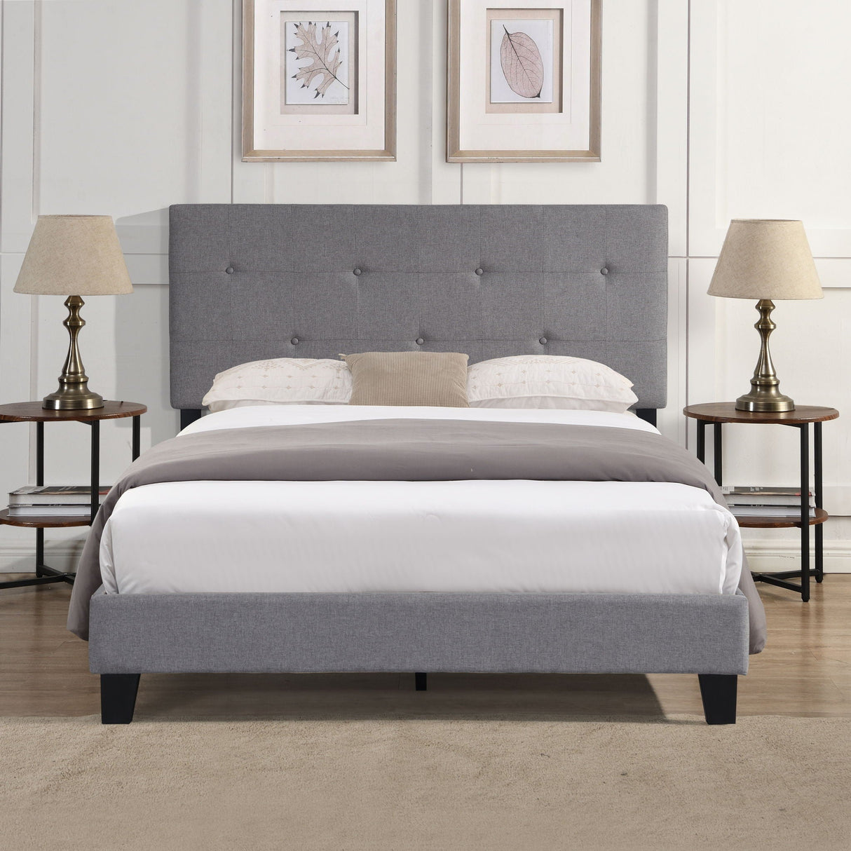 Full Size Upholstered Platform Bed Frame With Modern Button Tufted Linen Fabric Headboard, No Box Spring Needed, Wood Slat Support - Gray by Couch.com