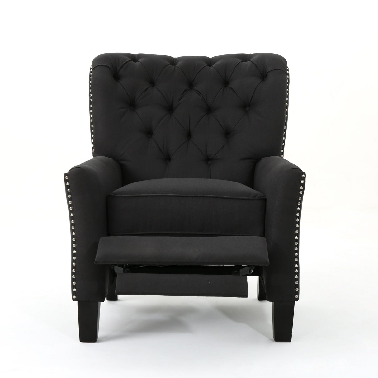 Modern Push Back Recliner: A black tufted chair with nailhead trim and an extended footrest, standing upright on dark wooden legs against a plain white background.