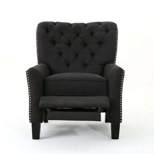 Modern Push Back Recliner: A black tufted chair with nailhead trim and an extended footrest, standing upright on dark wooden legs against a plain white background.