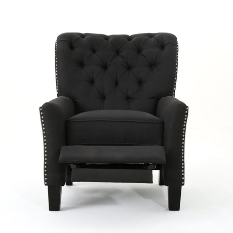Modern Push Back Recliner: A black tufted chair with nailhead trim and an extended footrest, standing upright on dark wooden legs against a plain white background.