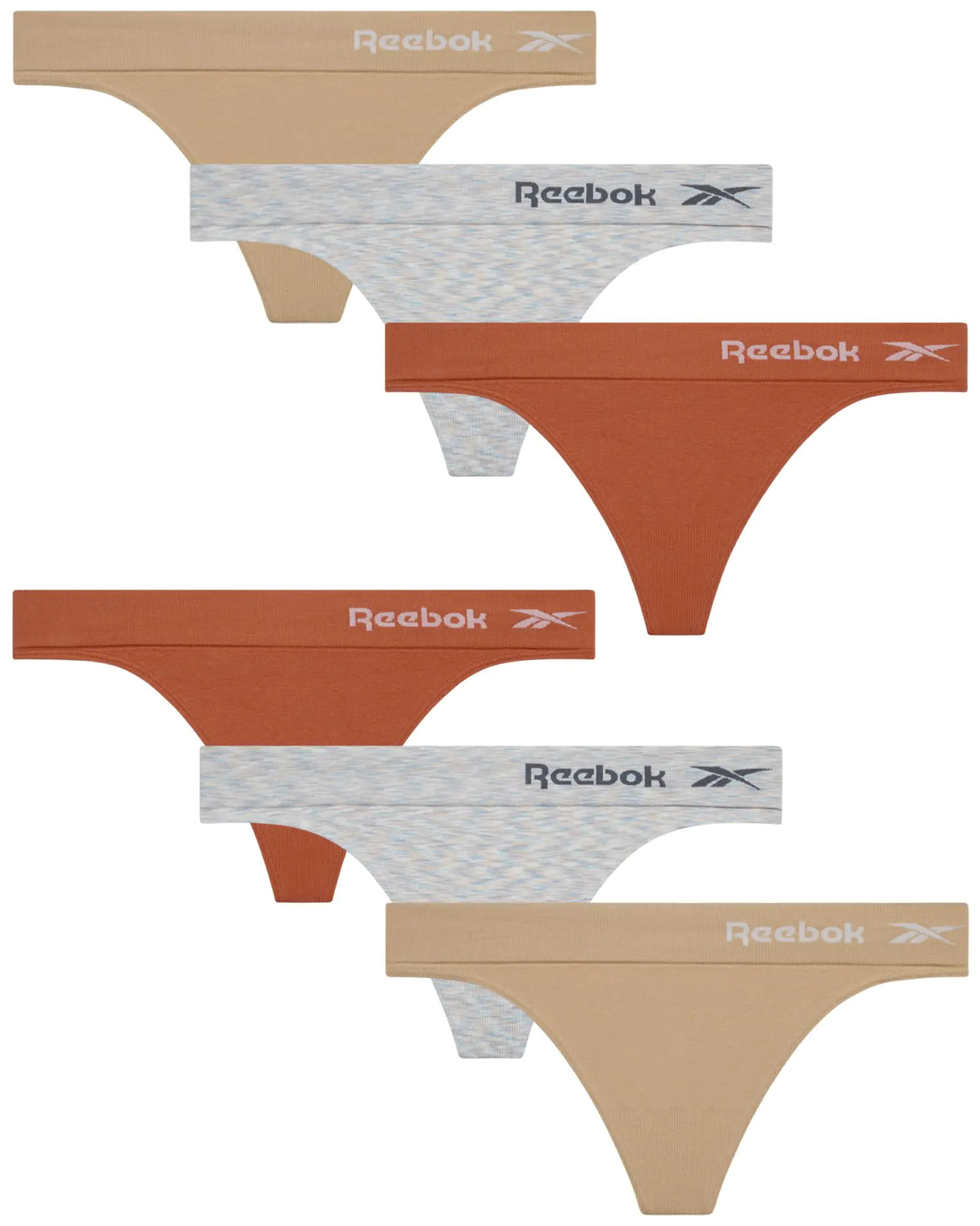Reebok Womens Thongs - 6 Pack Performance Seamless Thongs for Women Sexy Panties - Breathable Underwear for Women (S-XL) Size Medium Tan/Light Grey Spacedye/Rust