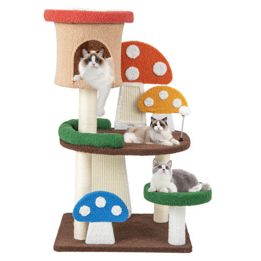 Patended 4-In-1 Mushroom Cat Tree with Condo Spring Ball and Sisal Posts-Multicolor