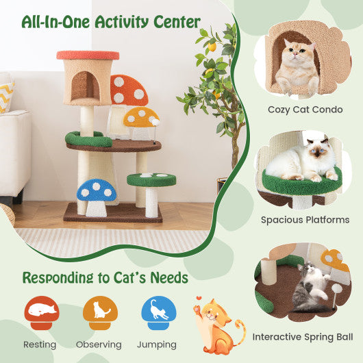 Patended 4-In-1 Mushroom Cat Tree with Condo Spring Ball and Sisal Posts-Multicolor